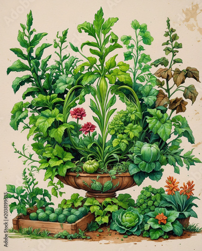Vintage garden harvest vintage illustration botanical art wallpaper with elegant natural texture