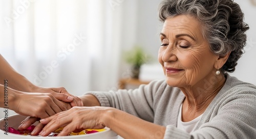 Elderly Woman Enjoying a Relaxing Hand Spa Treatment at Home.