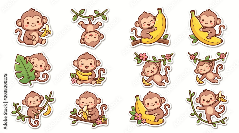 Obraz premium Collection of Cute Monkeys with Bananas and Branches, Adorable Jungle Animals Vector Graphics