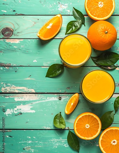 Fresh oranges and juice on wooden table.