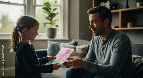 Young girl presenting a handmade card to her father.
