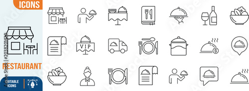 Schilderij op canvas Restaurant food service outline vector icons