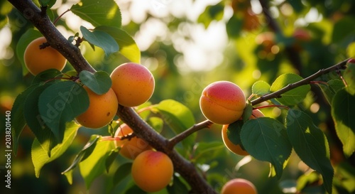 Ripe Apricots Growing on a Tree Branch in Sunlight.