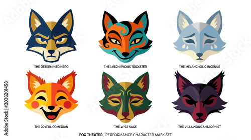 Fotografie Collection of stylized fox masks representing different emotions and characters