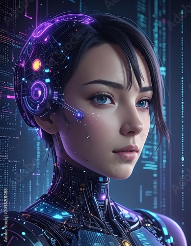 Futuristic robotic woman with circuit board.