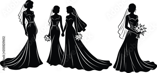 Cuadro en lienzo Black and white silhouette illustration of beautiful brides in elegant wedding d