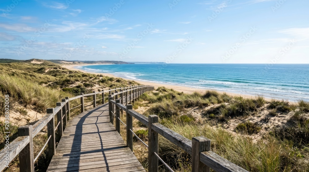 Fototapeta premium A wooden boardwalk winds along a sandy path towards a beautiful beach. The path is bordered by lush green dunes and grasses.