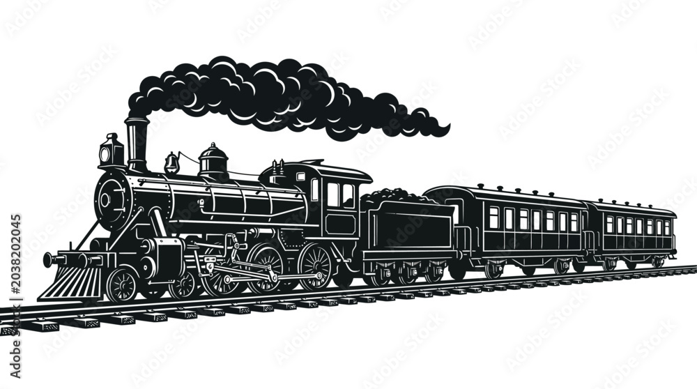 Αυτοκόλλητο Vintage steam locomotive pulling passenger carriages in black silhouette against