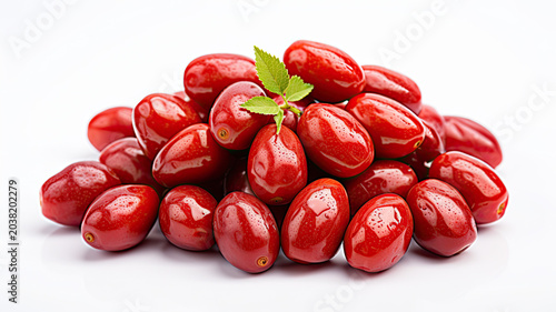 Heap of fresh ripe red cornelian cherries isolated on white background with cornelian, isolated