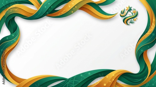 Minimal Australia themed championship banner with flowing green and gold ribbon, Southern Cross-inspired patterns and elegant sports broadcast aesthetic on clean white background.
