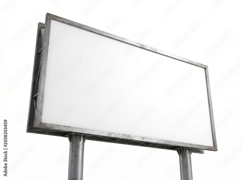 Obraz premium Large Industrial Empty Lightbox Signboard on Metal Pillars Low Angle View Blank Outdoor Advertising Mockup Board Banner Commercial City Template Street Billboard White Background