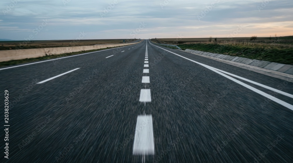 Obraz premium A long asphalt road stretches into the distance, receding towards a hazy horizon. The road is marked with white lane dividers.