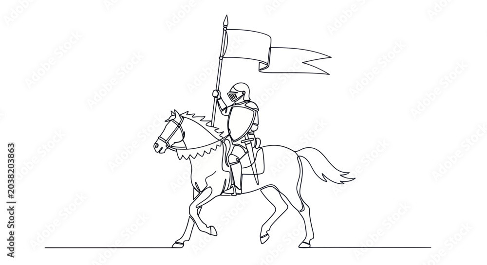 Obraz premium Knight in Armor Riding Horse with Flag, Single Line Drawing