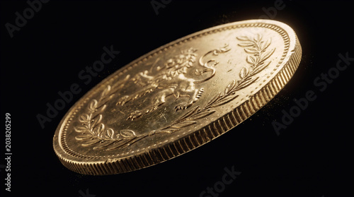 A single gold coin suspended mid-fall