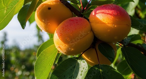 Ripe Apricots Growing on a Tree Branch with Green Leaves and Sunlight.