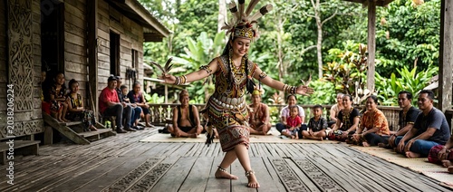 Dayak woman performing traditional Ngajat dance at a Sarawak longhouse during the Gawai harvest festival with community audience in Borneo.