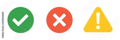 Tableau sur toile Success, Error And Warning Status Icons, Green Check Mark, Red Cross And Yellow Alert Triangle Indicators For User Interface Design