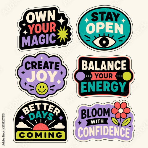 Colorful Motivational Sticker Sheet With Own Your Magic Stay Open Create Joy And Balance Your Energy Quotes