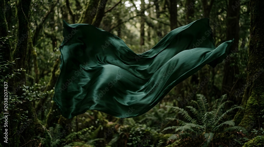 Naklejka premium Green fabric flying in the air in a dark forest