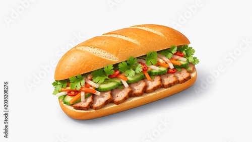 Premium isometric 3d illustration of traditional banh mi sandwich, isolated Vietnamese street food gourmet asset for restaurant menu design