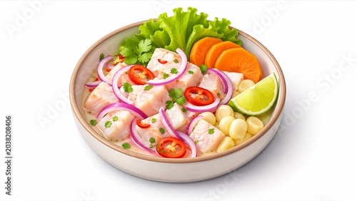 Modern 3d isometric illustration of fresh Peruvian ceviche, isolated seafood appetizer premium design element for corporate catering menu