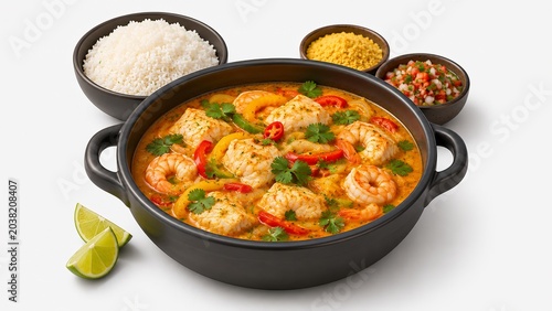 Isometric 3d render of traditional Brazilian moqueca stew, gourmet seafood dish isolated illustration for premium culinary advertising