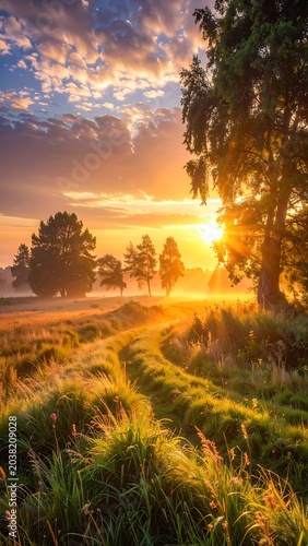Sunset over serene natural landscape with trees.