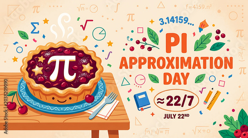 Pi approximation day banner with cherry pie and math formulas