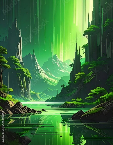 Fantasy green landscape with water and mountains.