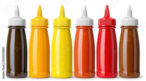 A row of colorful condiment bottles on a white background