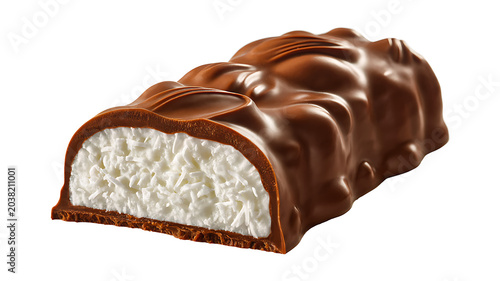 Chocolate coated coconut candy bar isolated on white background
