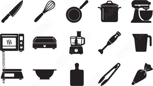 Foto Collection of kitchen utensils and appliances icons.
