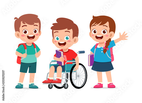 Happy Asian school children students smiling together a boy in wheelchair a boy and a girl