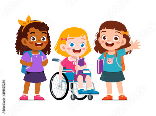 Three happy diverse African American Caucasian and Asian girls standing and one in wheelchair smiling ready for school