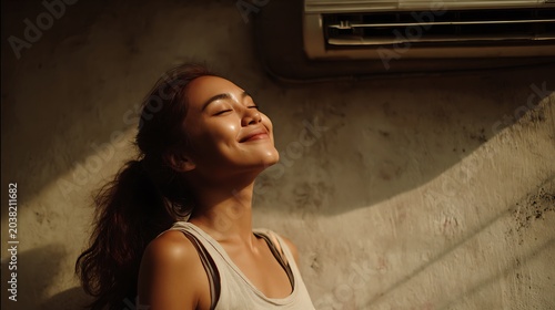 Young woman cooling off in front of an air conditioner at home.
