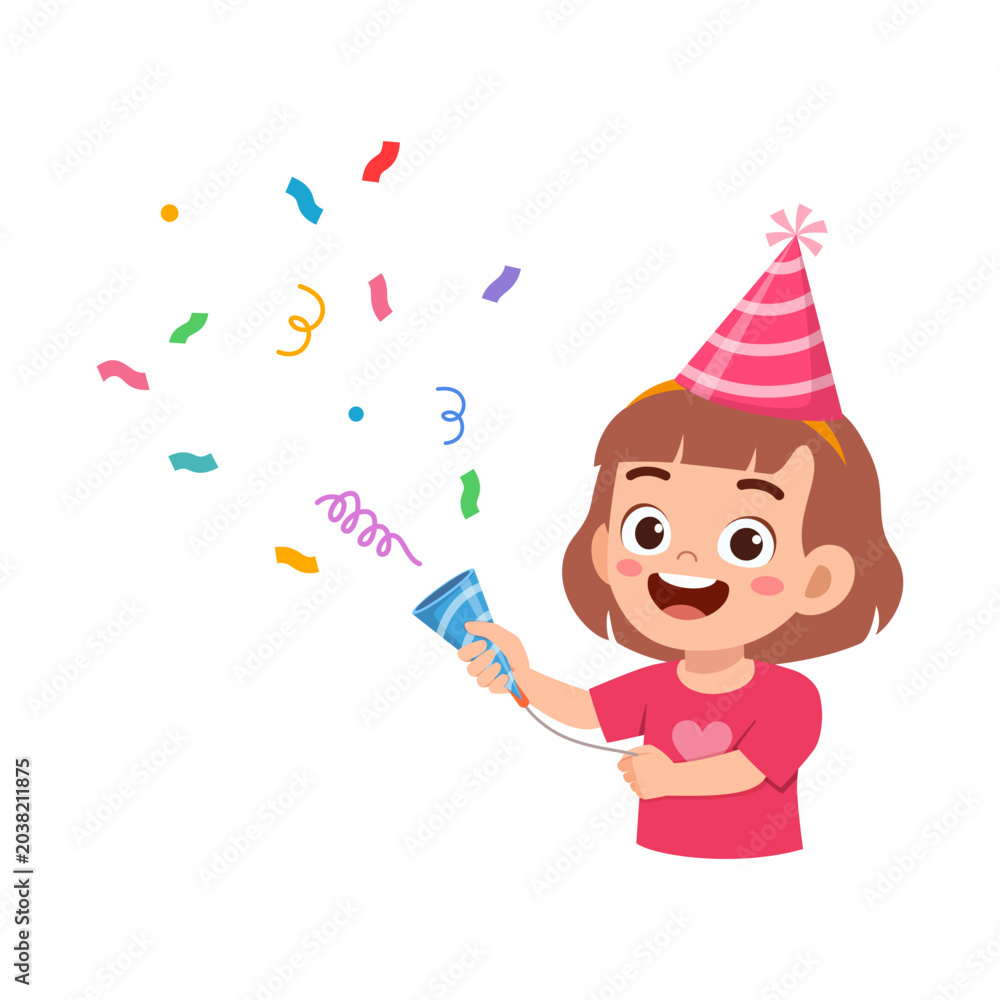 Obraz premium A happy excited young girl wearing a party hat pulling a confetti popper at a celebration