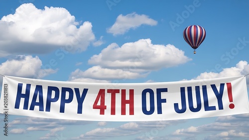 Fourth of july sky banner with hot air balloon, celebration