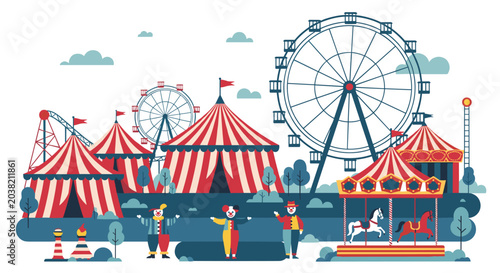 Vibrant amusement park scene featuring colorful circus tents, ferris wheels, a carousel, a roller coaster, and three friendly clowns.
