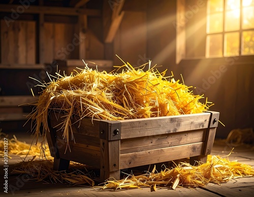 Rustic wooden crate filled with hay.
