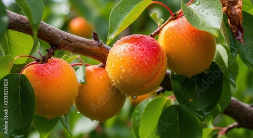 Ripe Apricots Growing on a Tree Branch with Water Droplets.