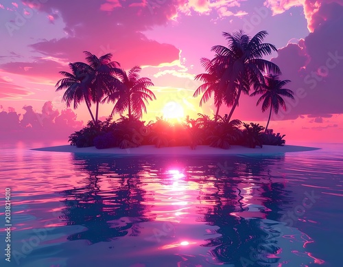 Tropical island at sunset with palmtrees.