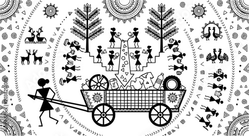 Warli folk art illustration of people sorting waste into a cart, symbolizing environmental protection, recycling, community cooperation, and sustainable lifestyle in a traditional tribal style.