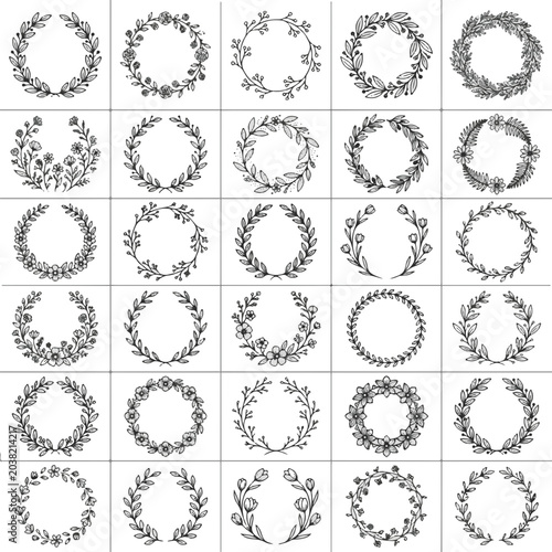 Hand Drawn Botanical Wreath Elements Decorative Circles Floral and Leaf Designs