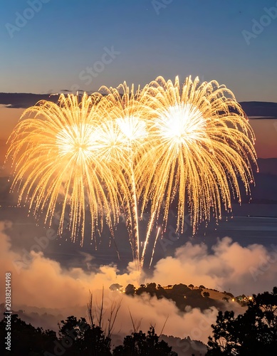 Vibrant Fireworks Display at Dusk Sky.