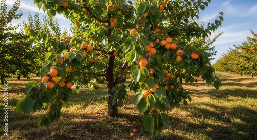 Ripe Apricots Growing on a Tree in an Orchard During Golden Hour.