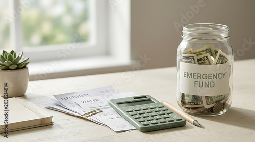 Emergency Fund Jar with Cash Utility Bills and Calculator on Desk