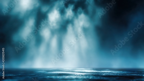Abstract atmospheric scene with volumetric light and reflective surface