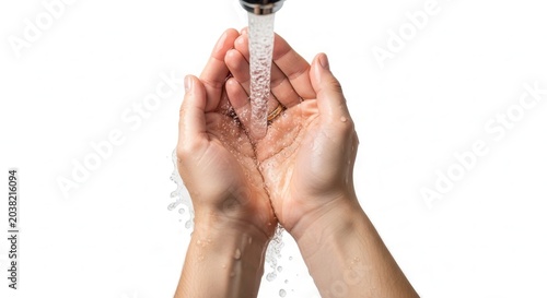 Hands Cupped Under Running Water Faucet.