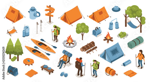 Extensive isometric set of camping equipment including tents, backpacks, characters, campfire, and kayaks for outdoor adventure and hiking themes.