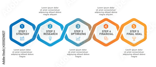 Business process infographic 5 steps strategy to goal flat design, hexagonal steps from strategy and research through optimization